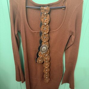 Brown Long Sleeve Dress with Decorative Belt- Fashion Nova 2x